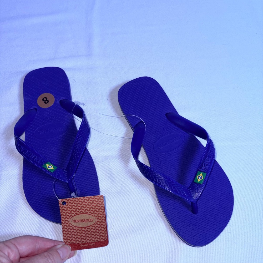 Havaianas Brazil Logo Flip Flops Size 7 / 8 Marine Blue New Flag Sandals beach